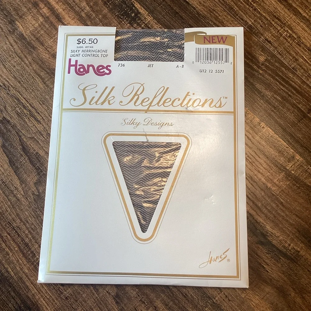 Vintage NEW Hanes Silk Reflections Silky Black Herringbone Control Top Pantyhose
